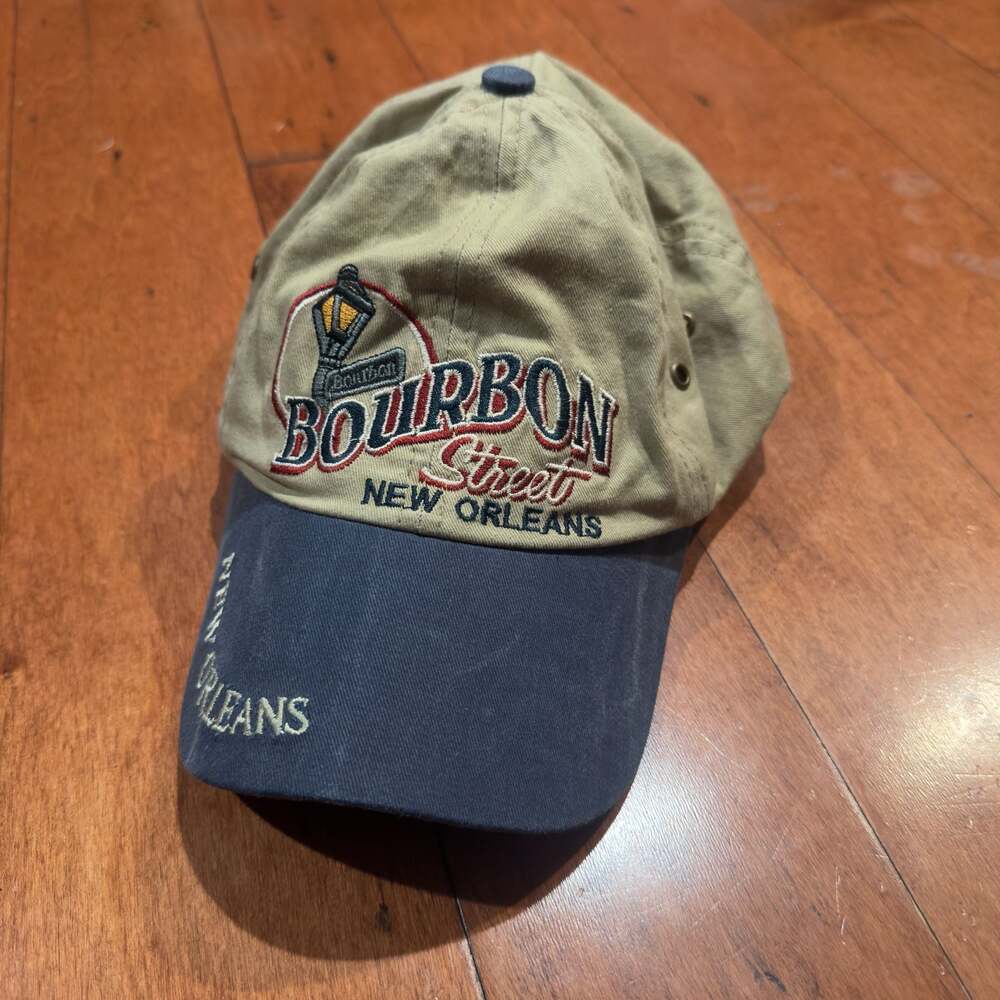 Bourbon Street New Orleans  Baseball Cap, Tan and Blue Adjustable Strapback